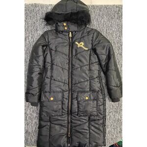 Roca Wear Women's Black Long Puffer Coat Faux Fur‎ Hood Logo Jacket M